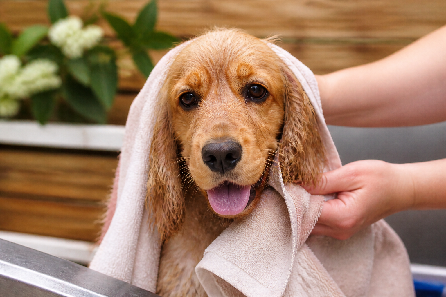 A dog being gently towel-dried after a careful bath