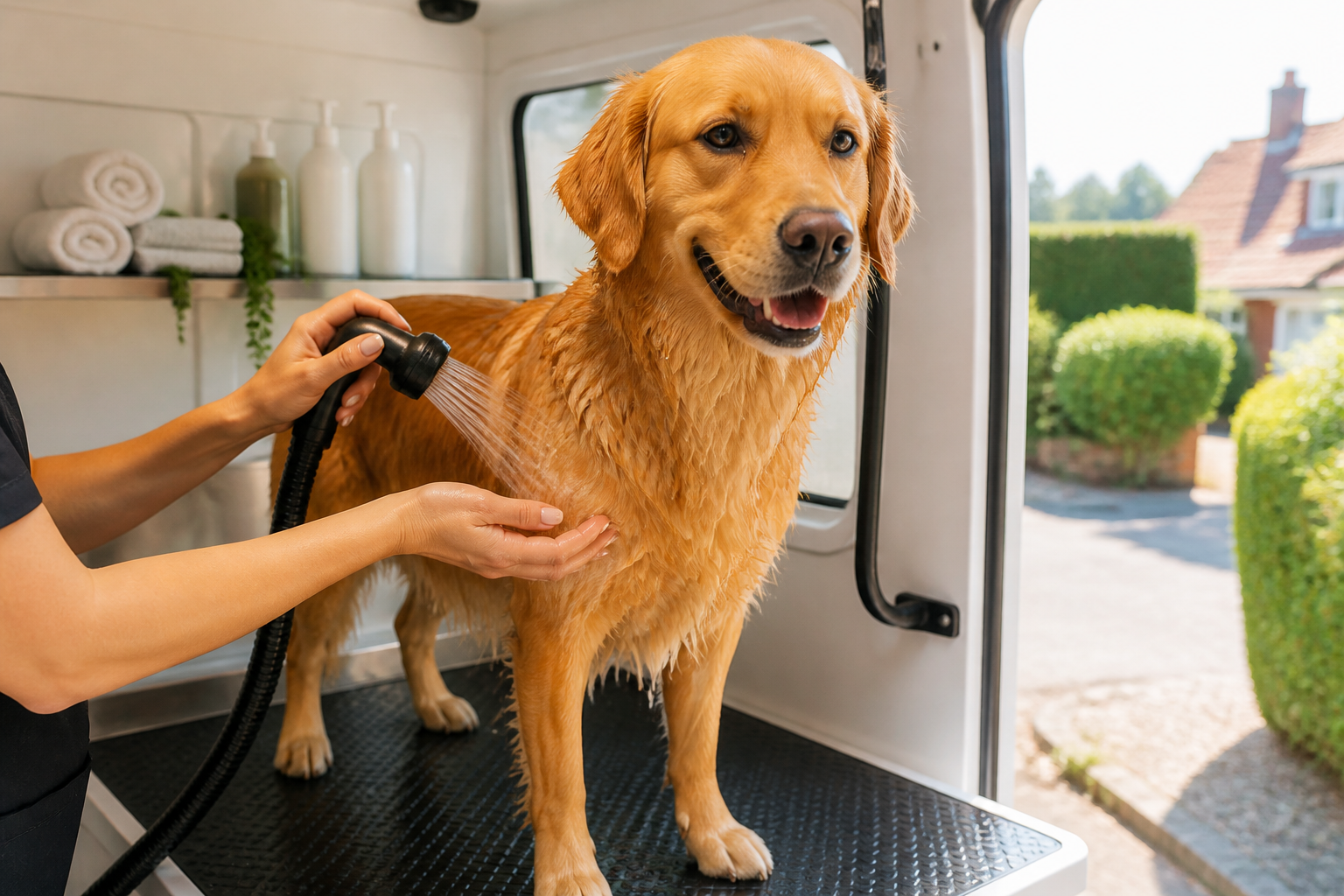 Calm dog being prepared for a comfortable lukewarm bath in a mobile grooming van