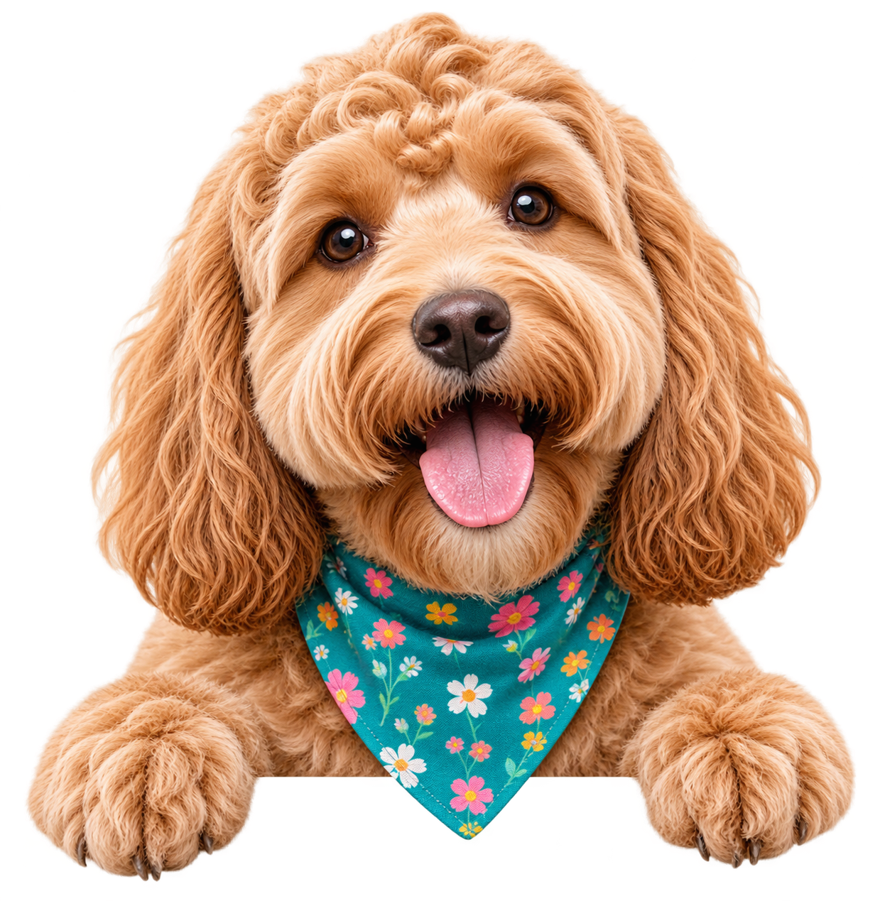 Happy apricot cockapoo wearing a floral bandana