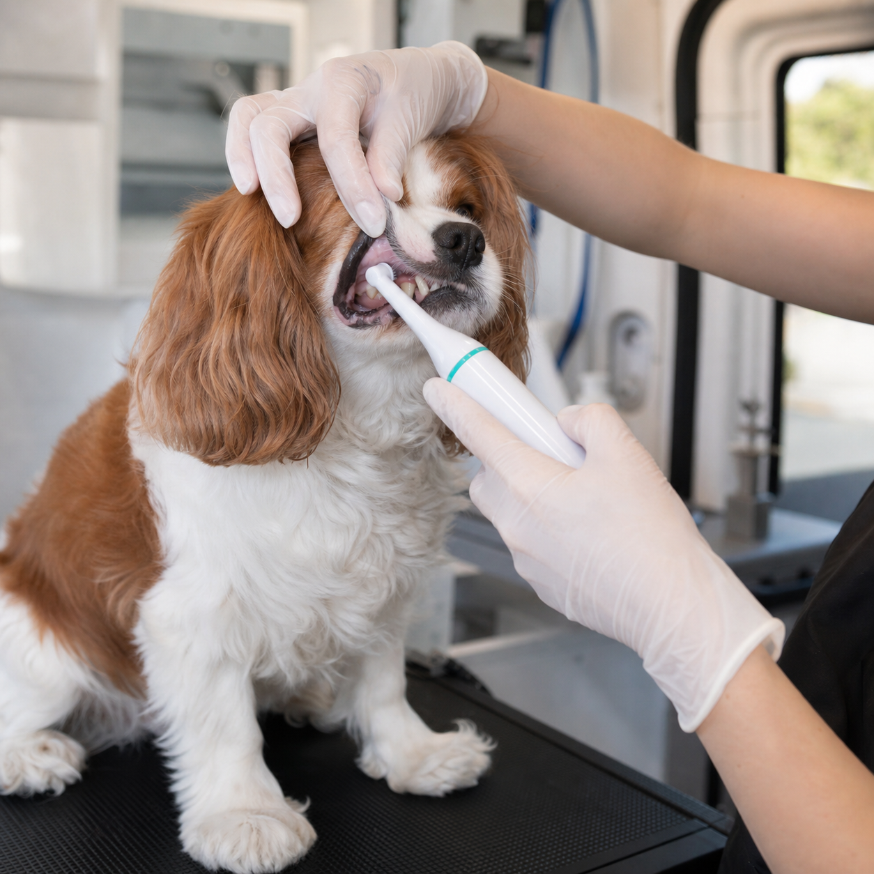 Spaniel receiving gentle ultrasonic teeth cleaning with a pet toothbrush