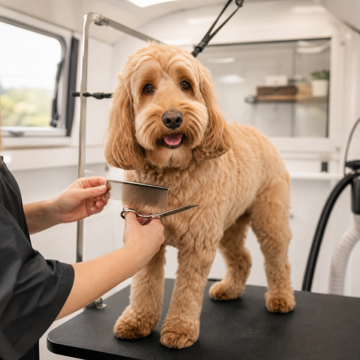 Cockapoo receiving a careful full groom in a mobile grooming van