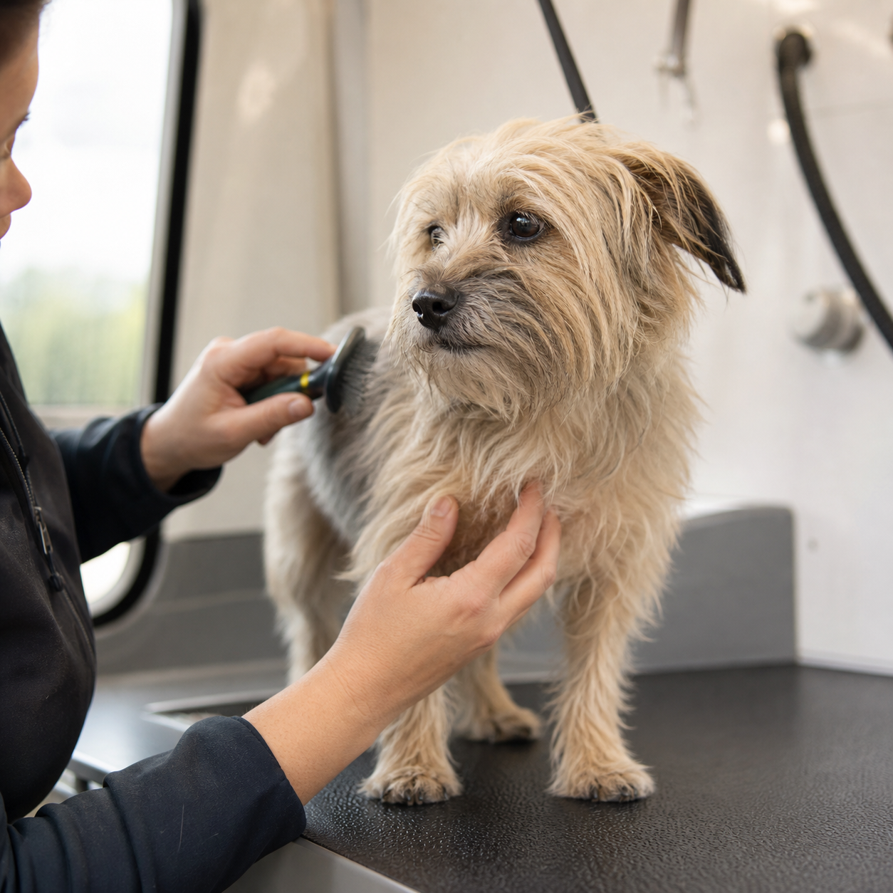 Nervous terrier receiving patient and reassuring one-to-one grooming care