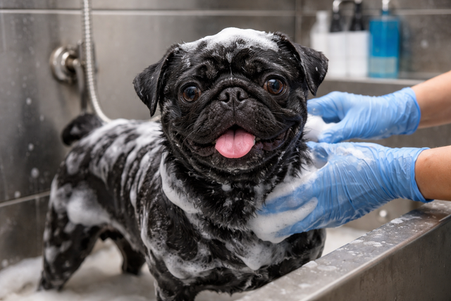 Pug being washed during a grooming appointment